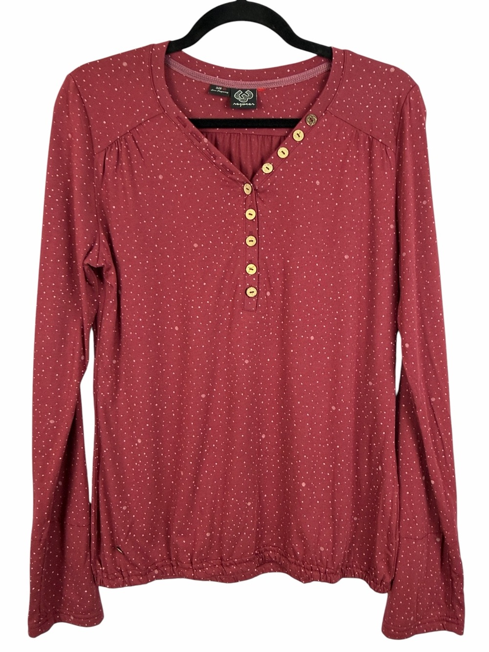 Ragwear Love Frequency 528 Long Sleeve Henley Top S Burgundy Dot Print Boho